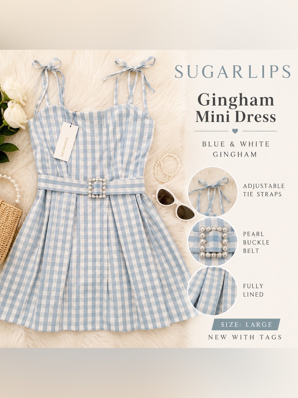SugarLips Blue White Gingham Dress Pearl Buckle Tie Strap Mini Large NWT Medium